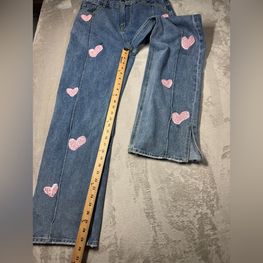 Cider Novelty Sequin Heart Patch Wide Leg High Rise Denim Blue Jeans Size Large - Picture 10 of 15